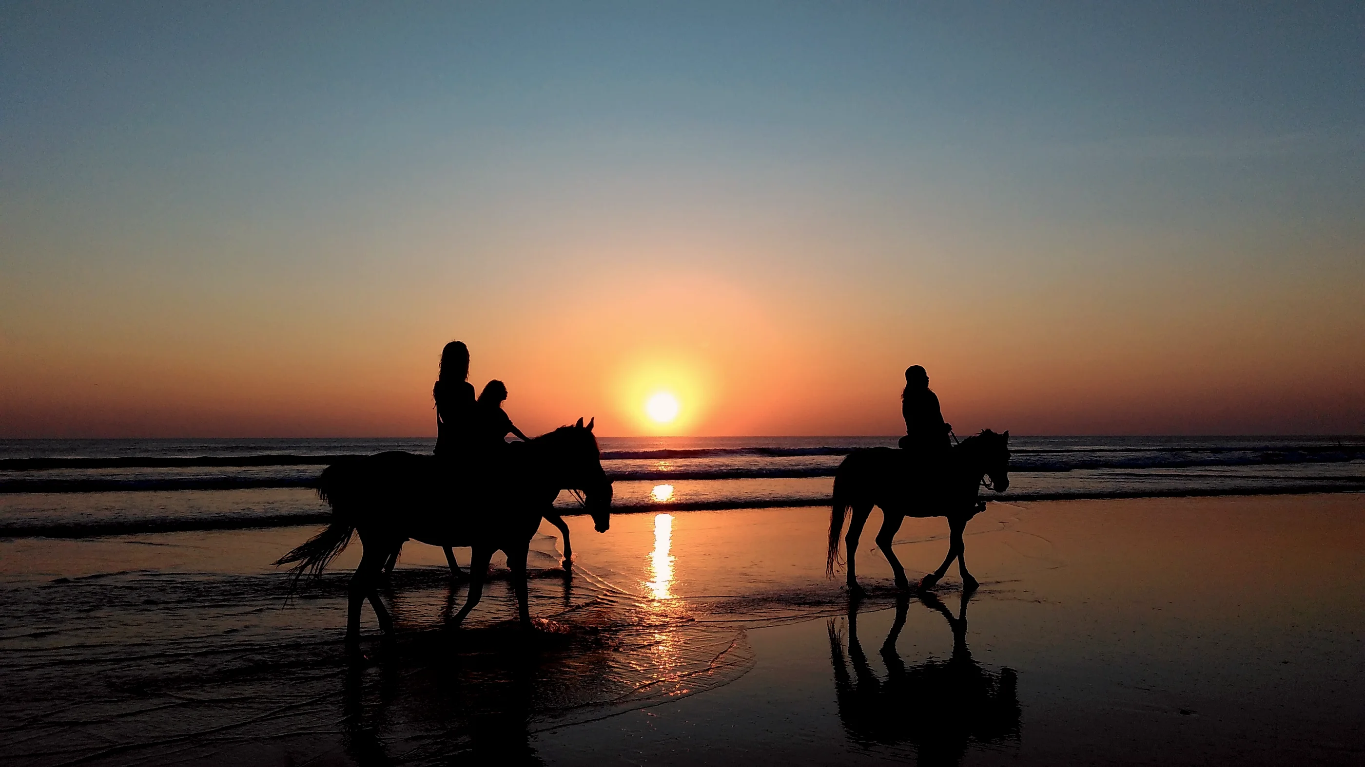 Riders on horseback along the beach at sunset