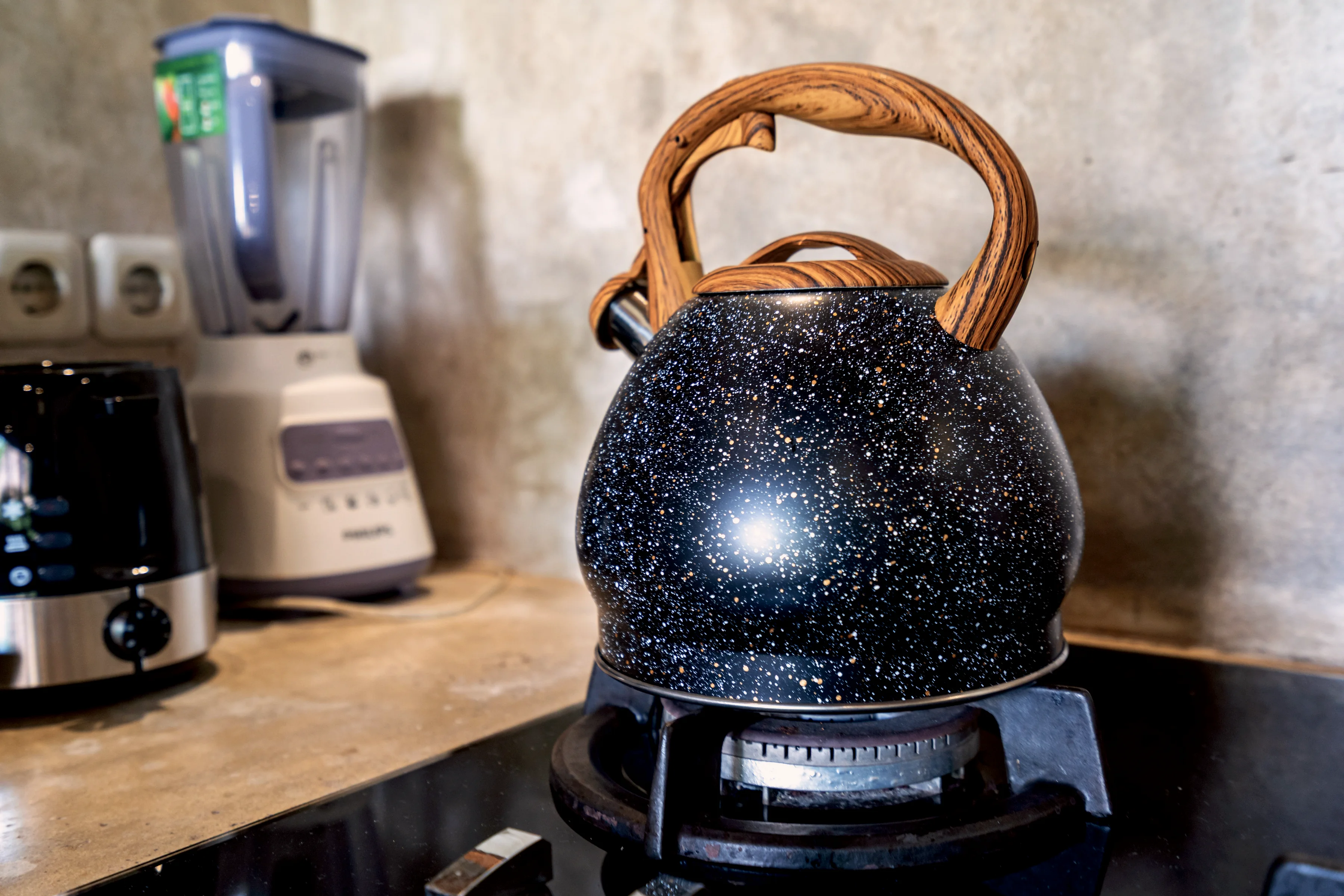A kettle on the gas hob